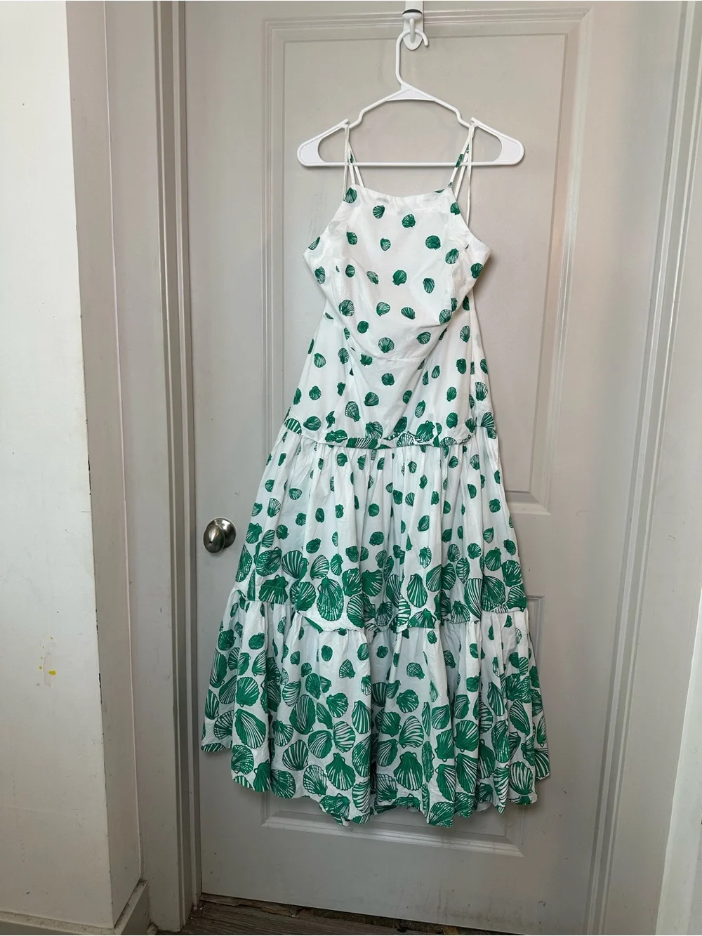 Anthropologie Maeve Halter Tiered Cotton Green/ White Seashell Maxi Dress, M